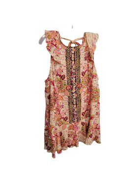 Free People NWT Size L Dress Mini Linen Blend Floral Keyhole Back Pullover Pink